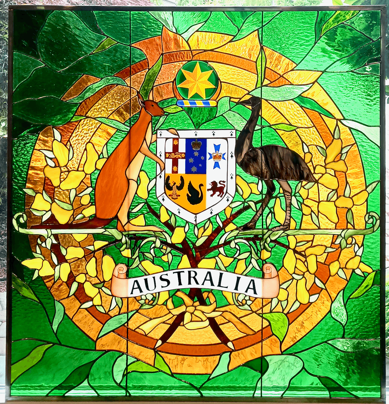 Heraldic Stained Glass Wine Tasting Room Window with Hand Painted Fused Glass Elements - Australia!