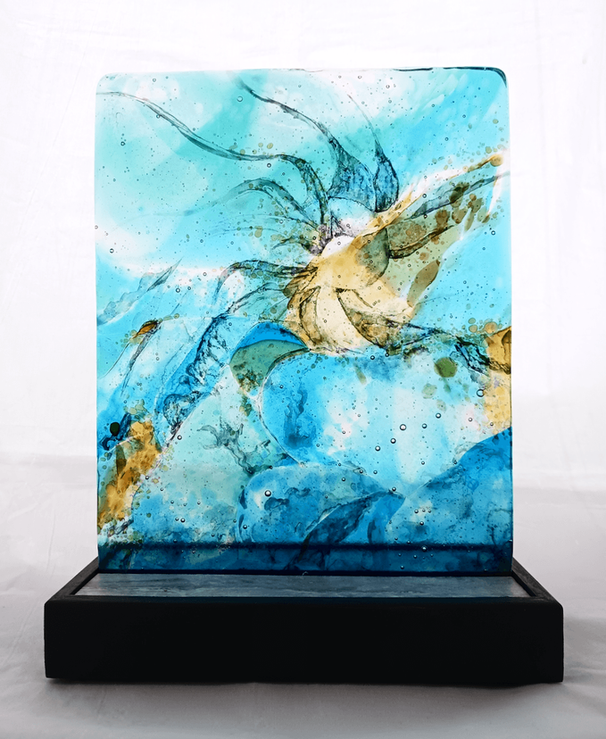 Nautical Fused Glass Table Sculpture with Handmade Glass and  Hand Painted Details- Blue Print