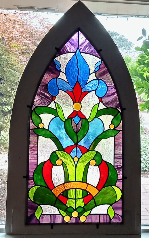 Victorian Stained Glass Dormer Window Featuring Handmade Glass Cabochons- Fleur de Lys  