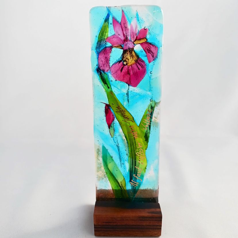 Floral Fused Glass Sculpturette Featuring Handmade Glass - Magenta Iris