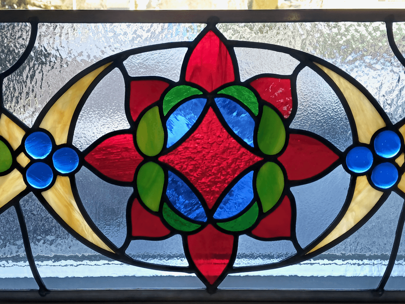 Victorian Stained Glass Transom Window With Fused Glass Cabochons- Heart Song