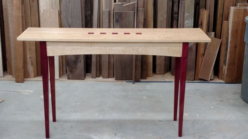Hall table in curly maple and purpleheart