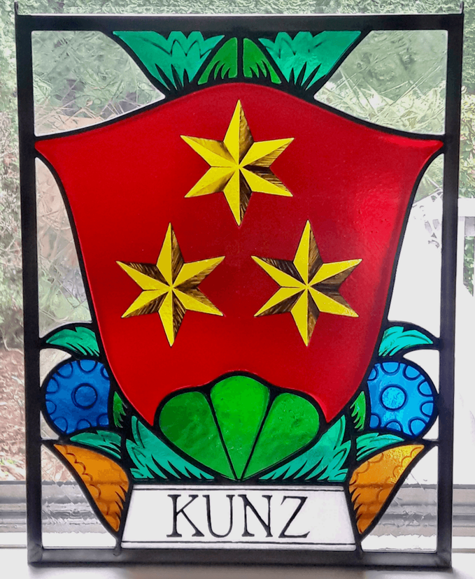 Traditional Heraldic Stained Glass Window with Fused Glass Elements (set of 2) - Kunz Family Crest