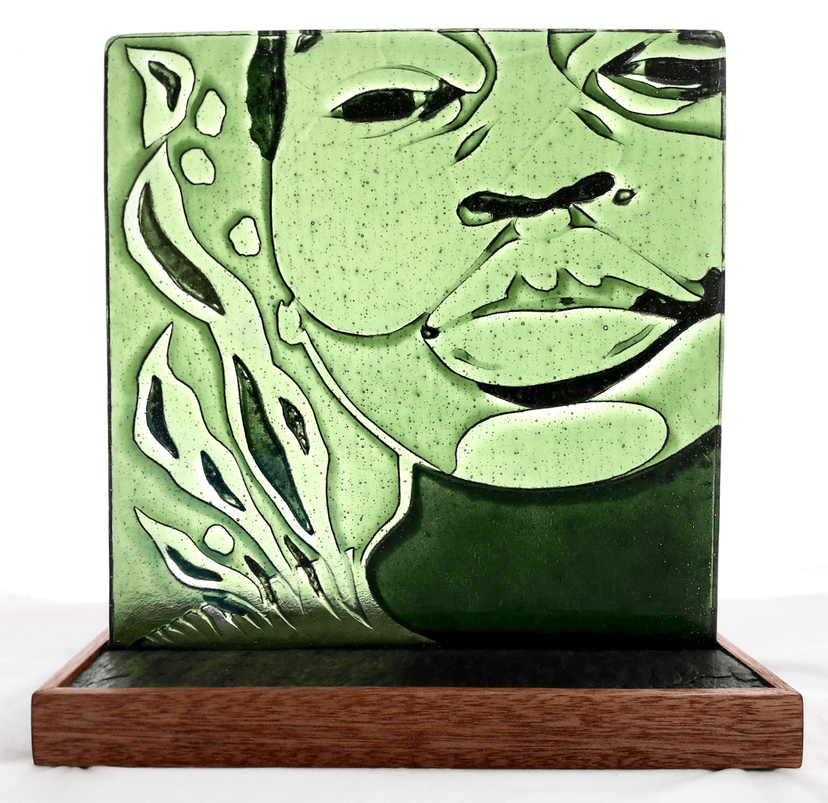 Modern Kiln Carved Fused Glass Portrait - La Femme Au Vert Olive