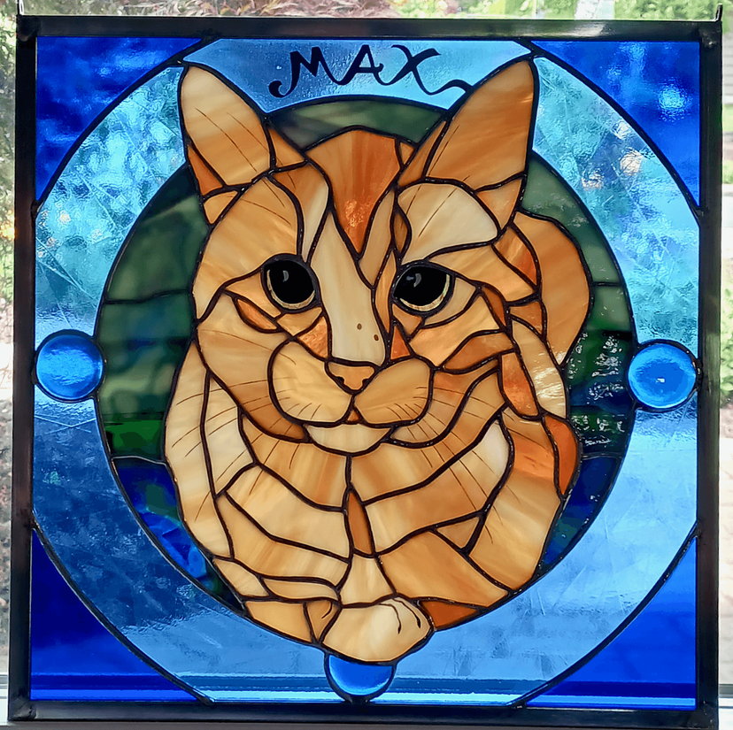 Representational Stained Glass Pet Portrait with Hand Painted Details - Max the Cat