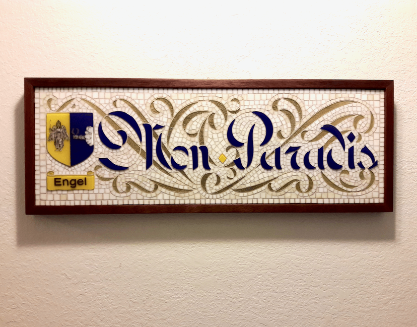 Baroque Art Glass Mosaic Housewarming Gift Featuring Fused Glass Heraldry and Lettering- Mon Paradis