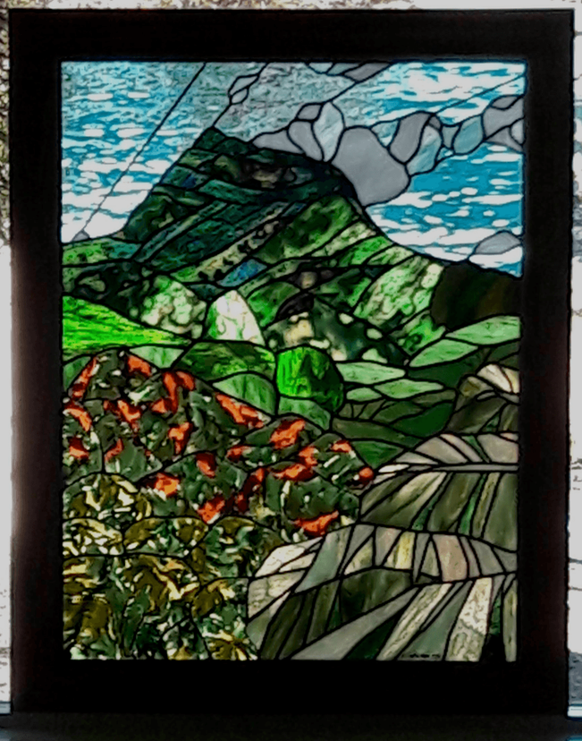 Tropical Stained Glass Anniversary Gift Window Featuring Handmade Glass - Mount Olomana