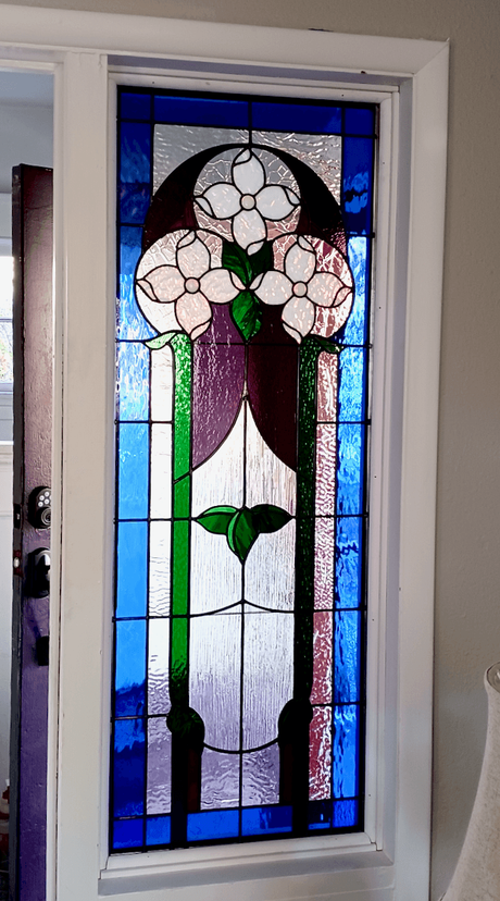 Craftsman Style Stained Glass Sidelight Windows for an Interior Door (set of two) - Mount Tabor Dogwoods