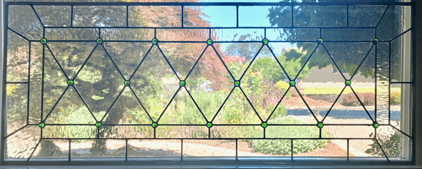 Traditional Geometric Stained Glass Sidelight Windows Featuring Handmade Cabochons (set of two windows) - Murphy’s Pub