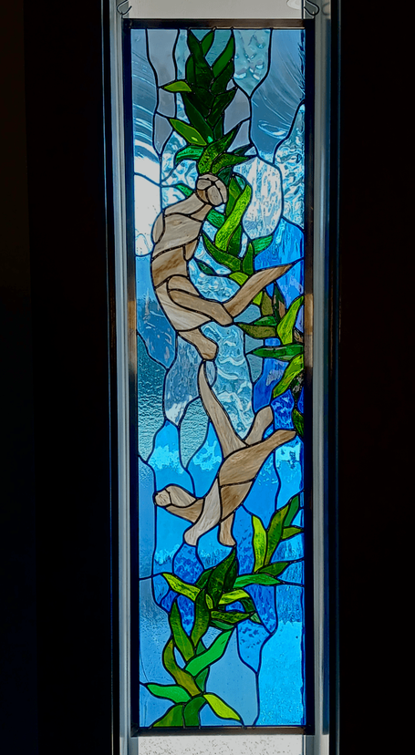 Naturalistic Stained Glass Entryway Sidelight Panel with Hand Painted Details - Otter Romp