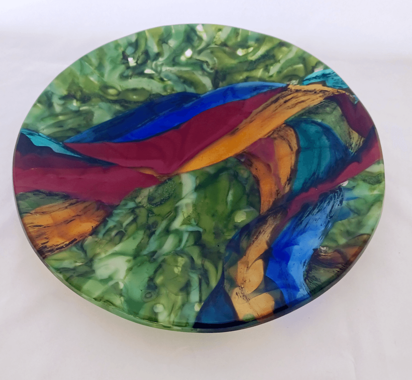 Abstract Naturalistic Fused Glass Platter Featuring Handmade Glass and Hand Painted Details - Rooster Tail 