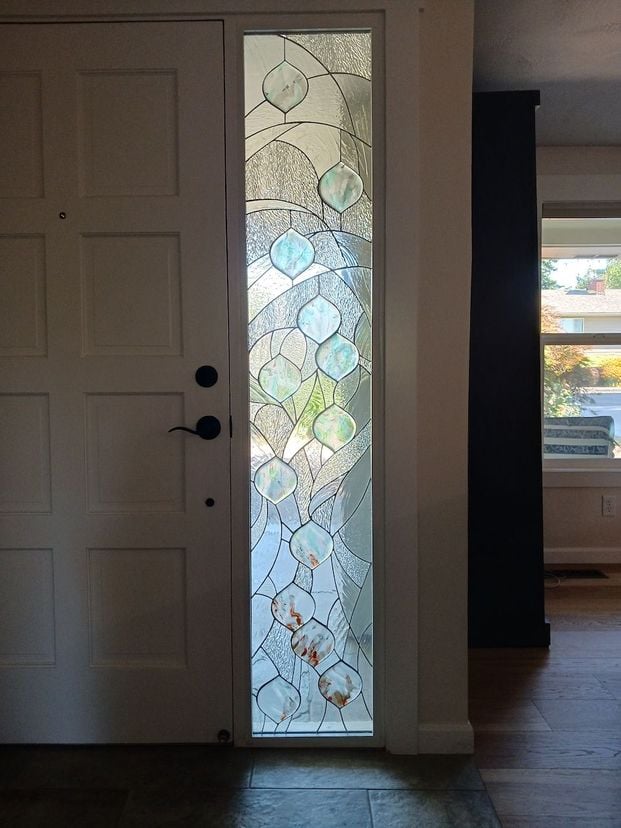Mid-Century Abstract Stained Glass Entryway Sidelight Featuring Handmade Glass - Spring Tide