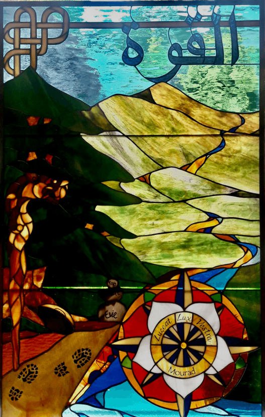 Naturalistic Stained Glass Window with Fused Glass Elements and Hand Painted Details- The Journey