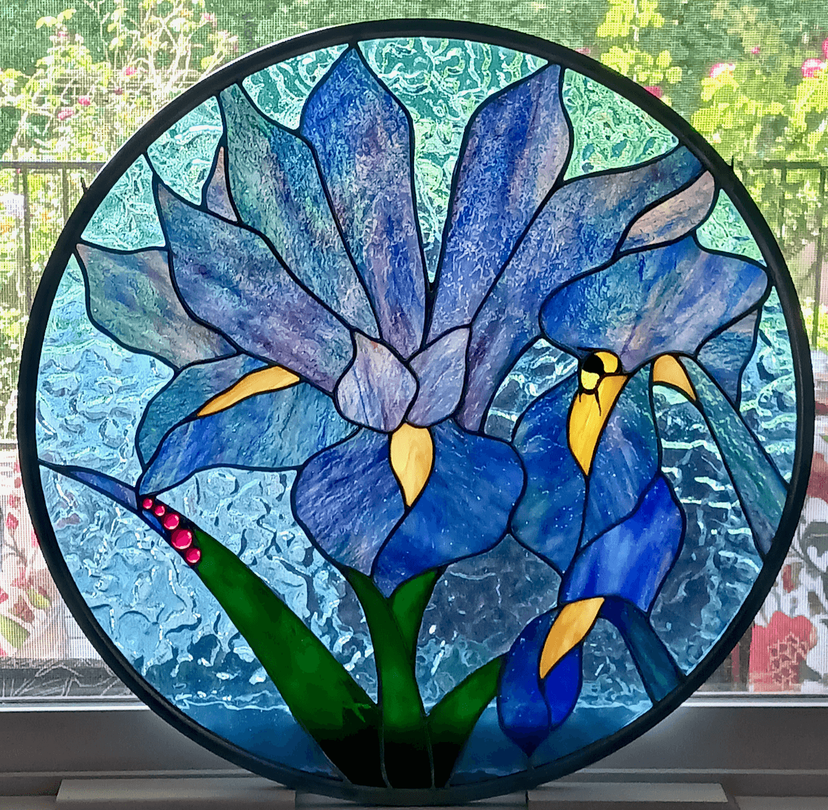 Botanical Abstract Stained Glass Panel Featuring Fused Glass Elements and Hand Painted Details - Zaffera 