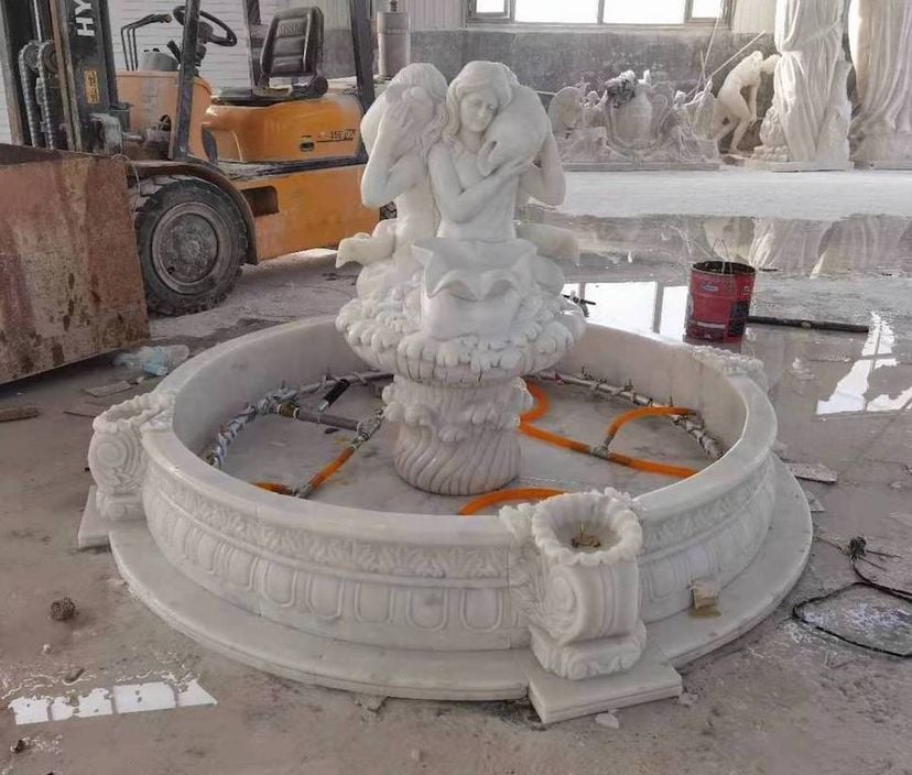 Marble Fountain of 3 Maidens W/ Round Base