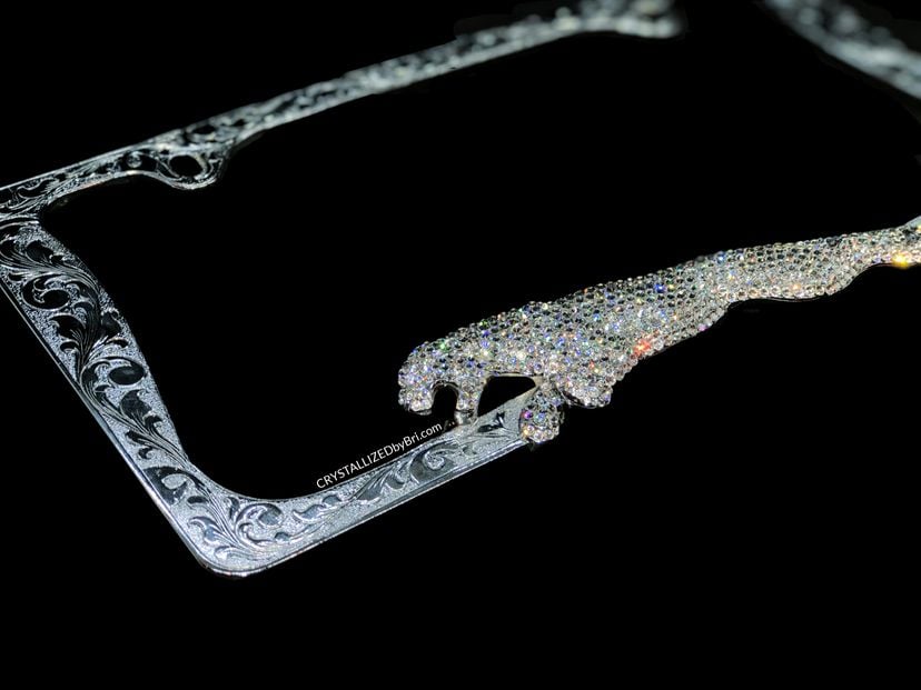 Jaguar European Crystal Engraved License Plate Frame Bedazzled Crystallized Vanity Car Bling