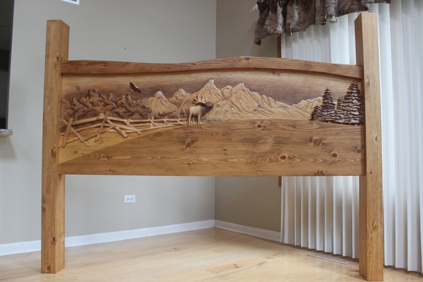 Hand Carved Wooden King Size Headboard, Handmade From Knotty Pine