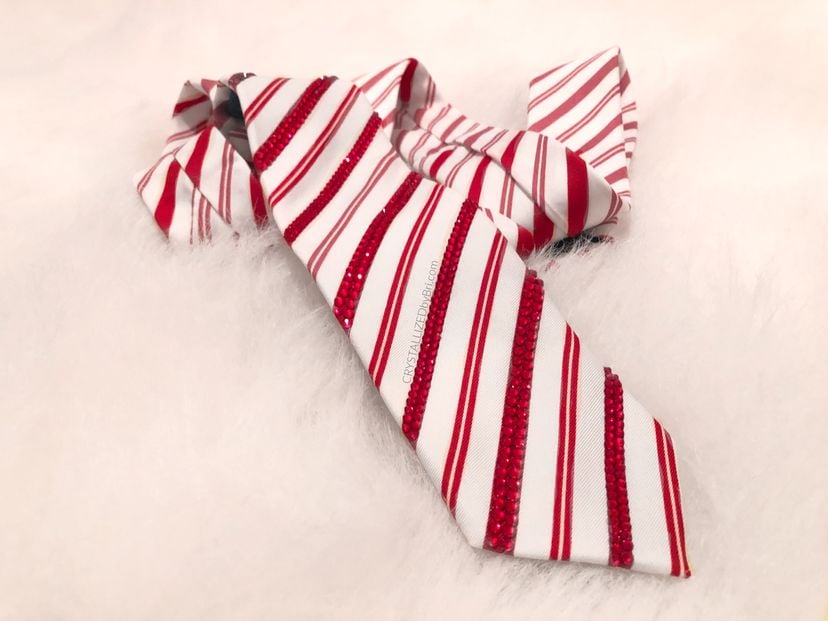 Candy Cane Stripe Genuine European Crystal Men's Tie Bling Red White Bedazzled Christmas Necktie
