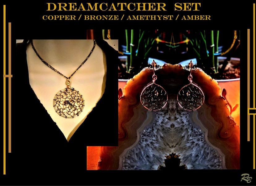 Necklace,Dreamcatcher,  Earrings, Jewelry, Set, Wife Gift, Copper, Gemstones
