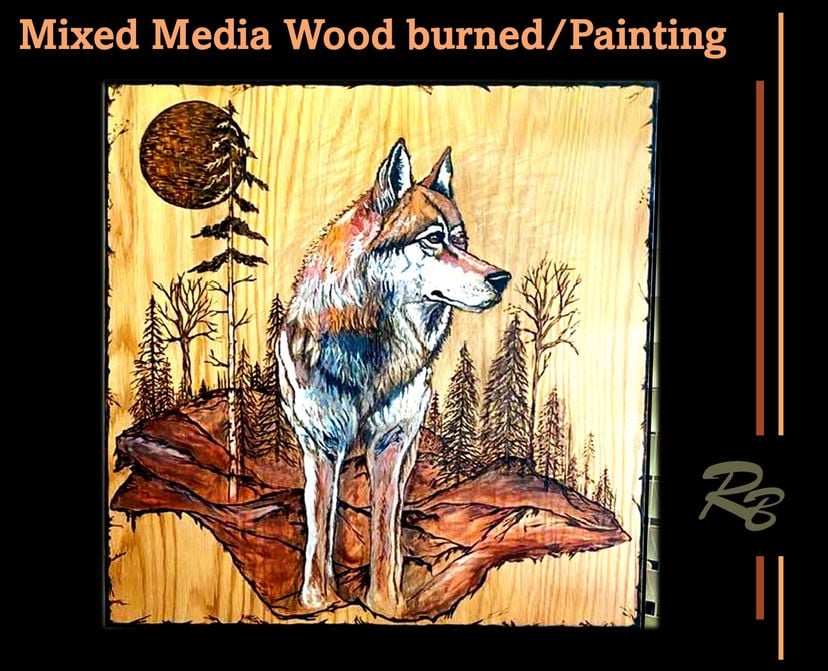 Wolf Art, Wolf Painting, Wildlife, Art, Custom Art. Mixed Media, Artistic Creations by Rose, Wood Burned, Painted, Hunter Gift