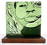 Modern Kiln Carved Fused Glass Portrait - La Femme Au Vert Olive 1 small