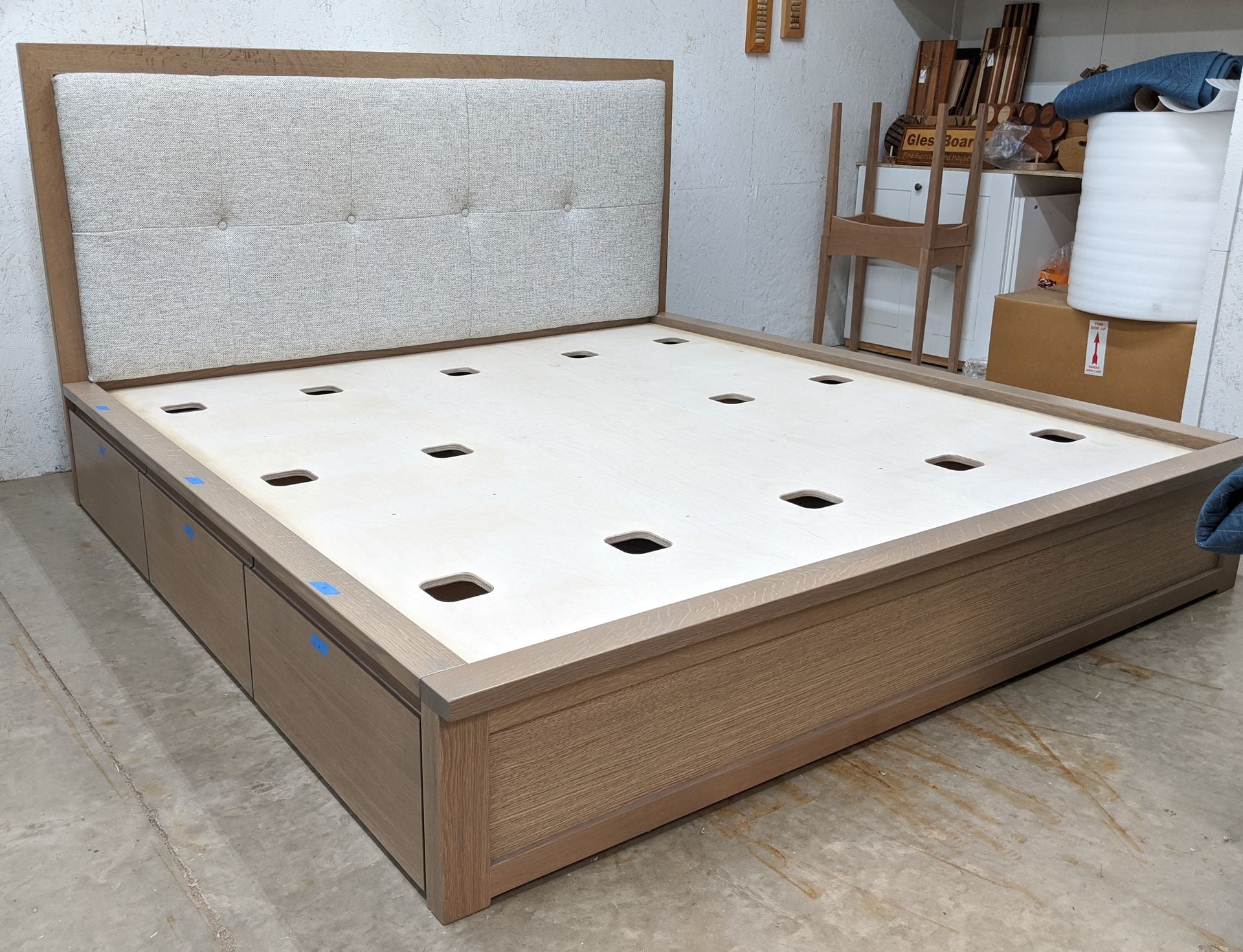 White Oak Storage Platform Bed With Padded Headboard 4 