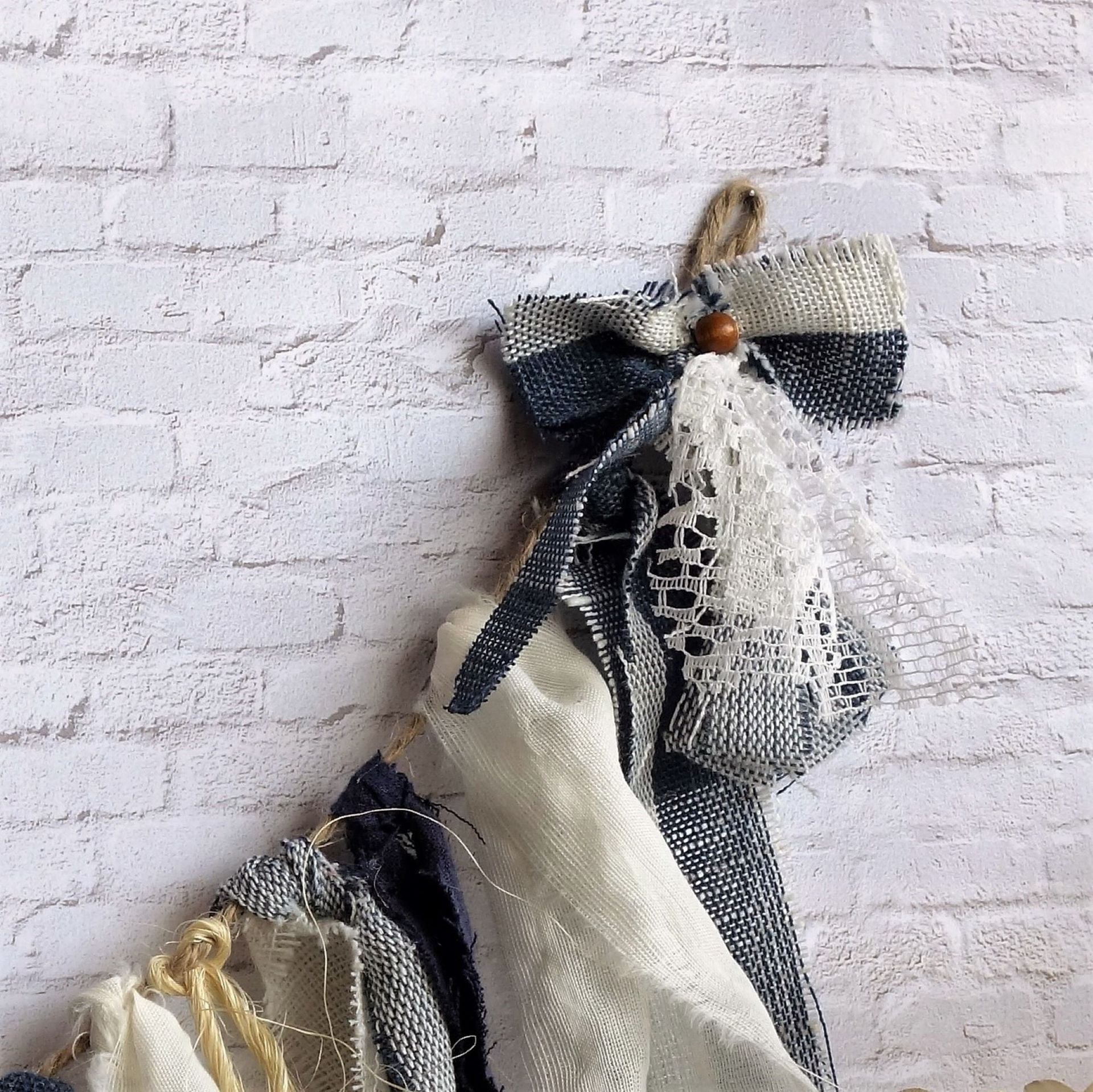 Farmhouse Rag Garland Navy Blue Plaid Window Valance Mirror Swag 2 