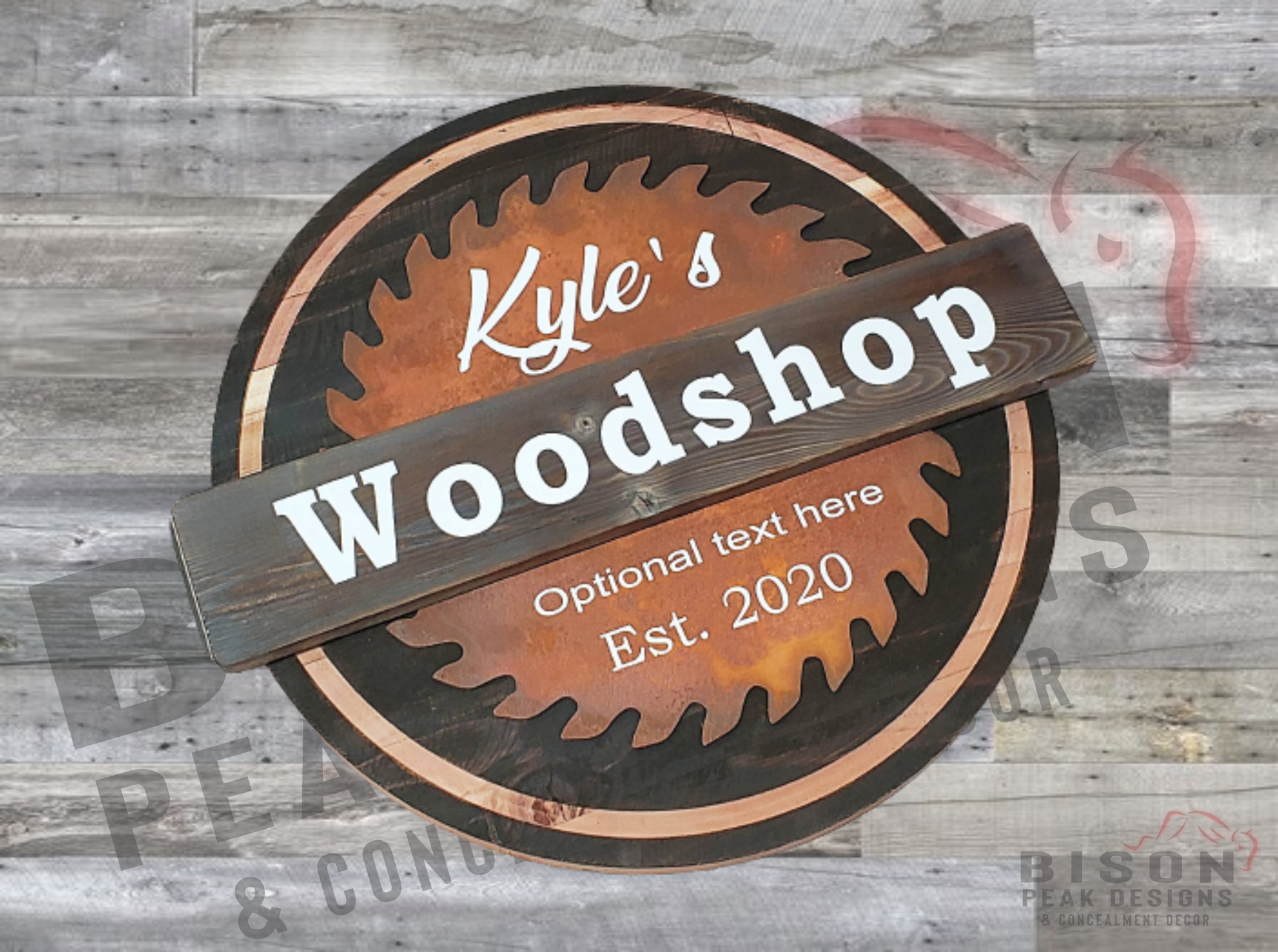 16in Round Wood Sign With Metal Sawblade. Rusted Steel Sawblade. Personalized Woodshop Sign. 3 