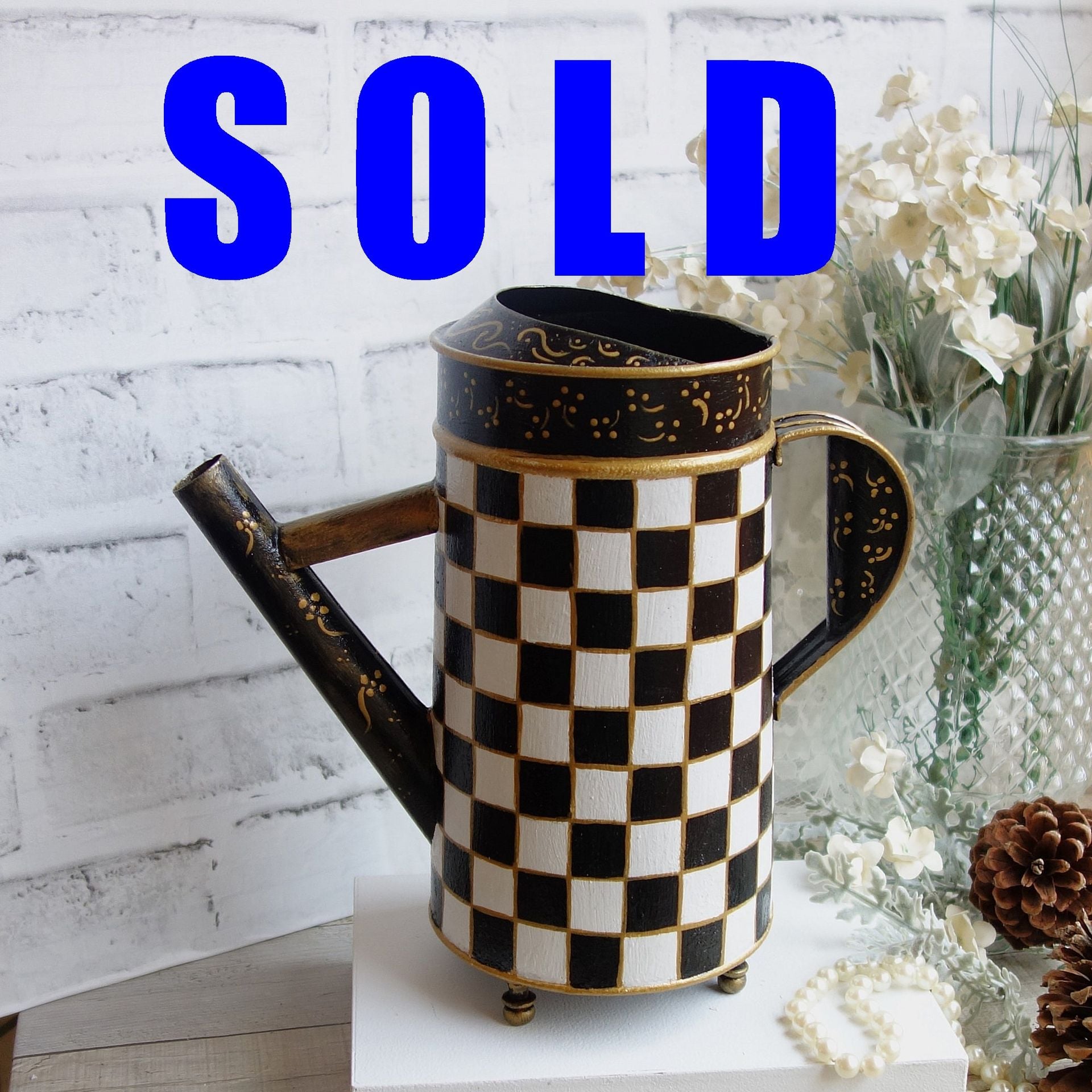 Courtly Vintage Watering Can Checked Tea Pot Decor Black And White Checks Vase