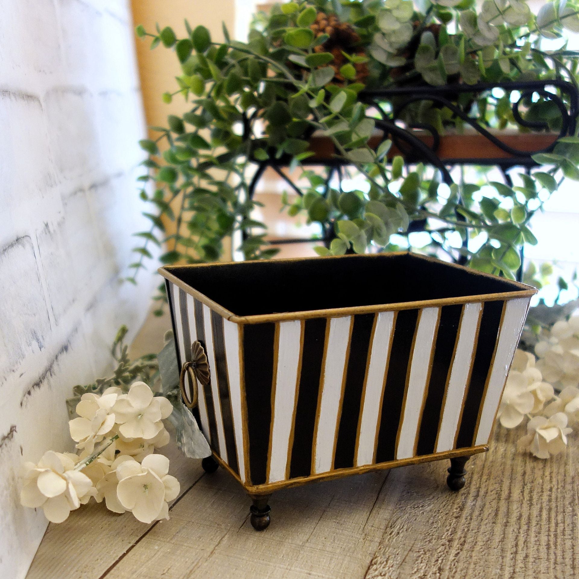 Black White Stripe Small Vanity Organizer Guest Towel Caddy Striped Storage Bin 5 