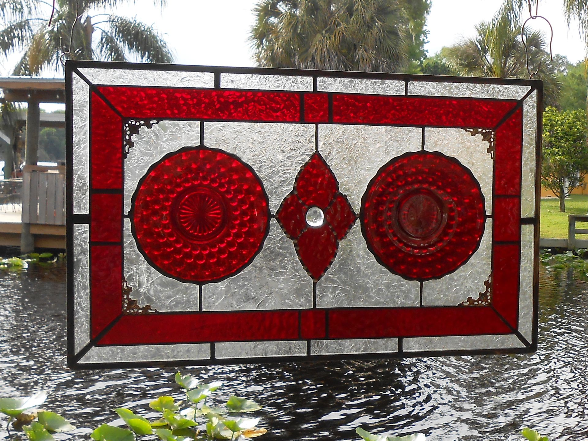 Stained Glass Window Panel, Depression Glass Plate Valance, Ruby Red Bubble 4 