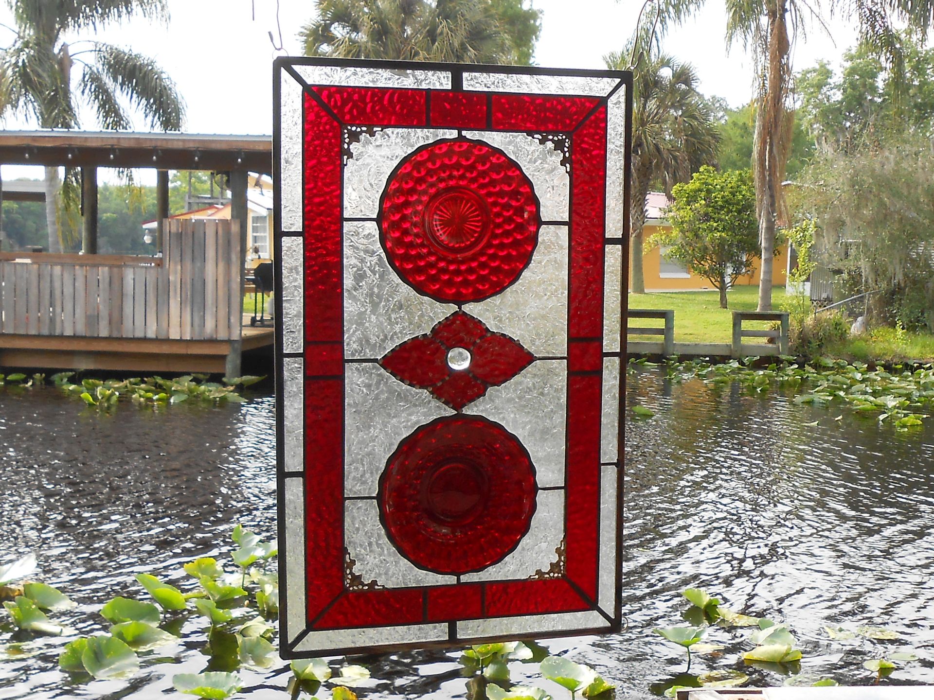 Stained Glass Window Panel, Depression Glass Plate Valance, Ruby Red Bubble 2 