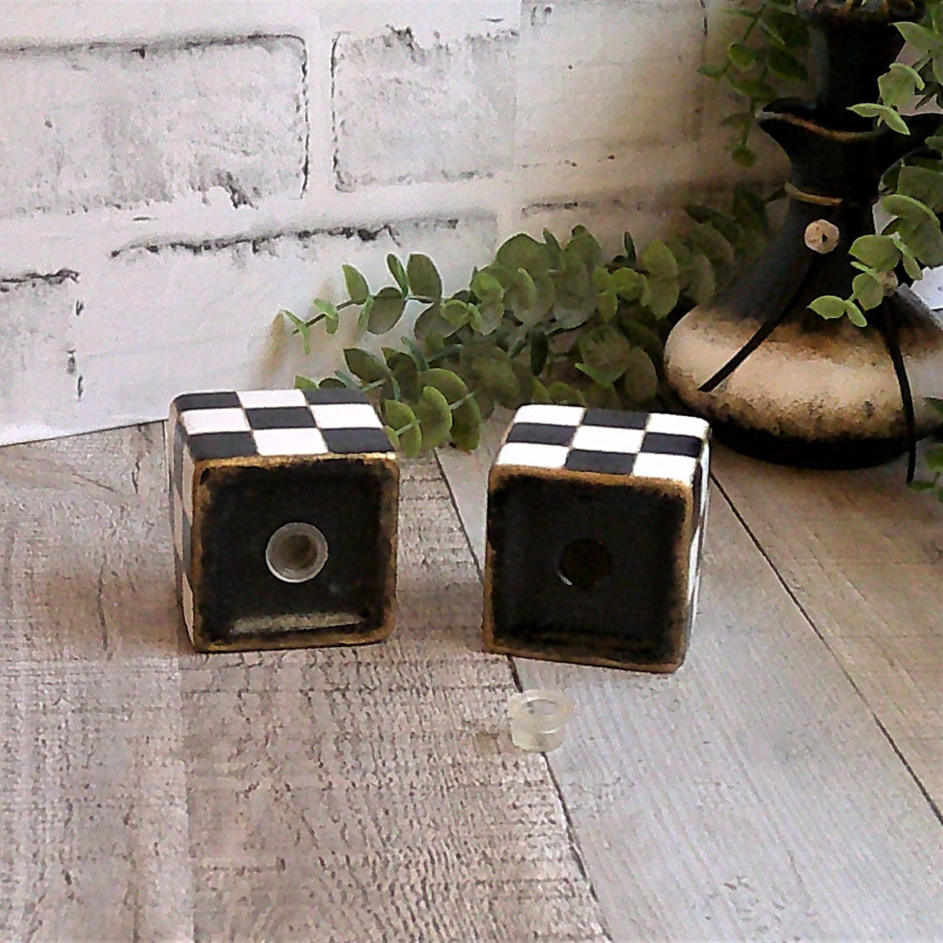 Elegant Check Ceramic Salt & Pepper Shakers Black & White Buffalo Check Decor 2 