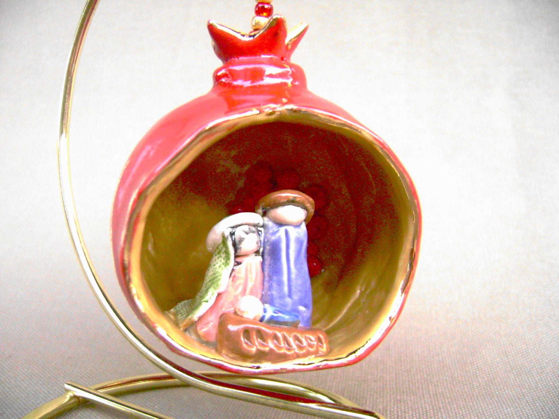 Nativity Red Pomegranate Ornament, Mary, Joseph And Baby Jesus. 2 