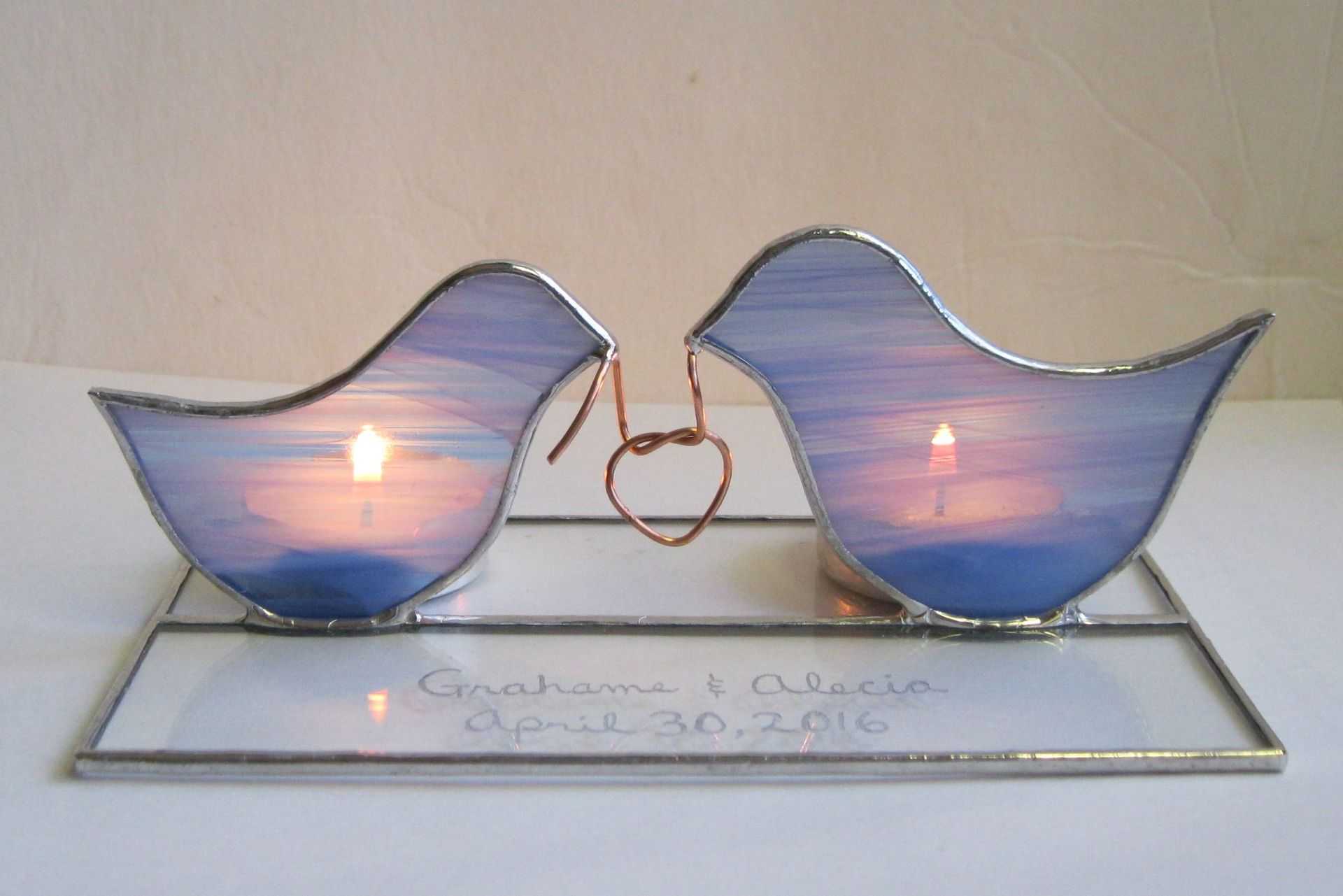 Love Birds Tying The Knot- Stained Glass Cake Top/ Candle Holder- Lead Free