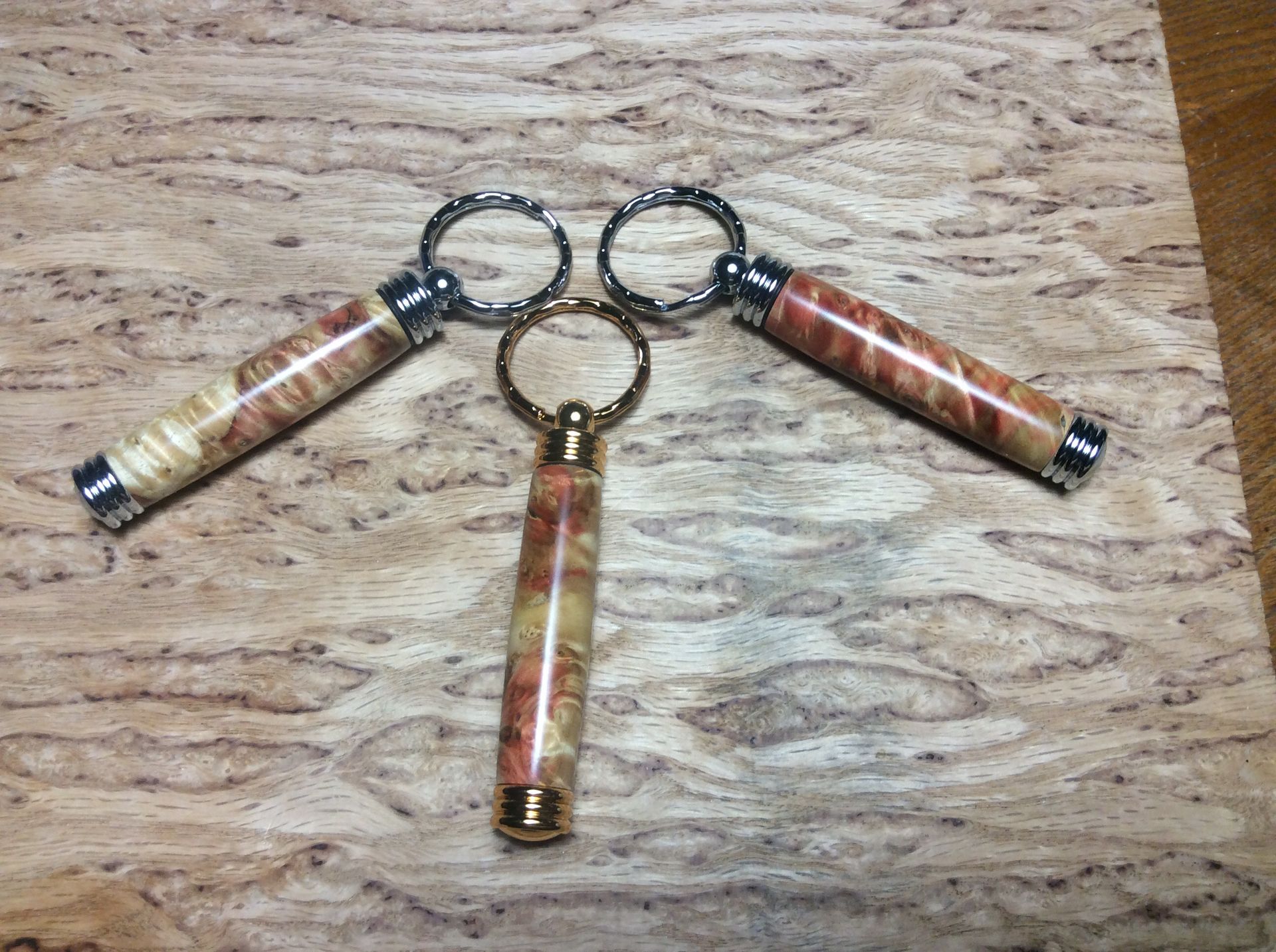 Flaming Box Elder Secret Compartment Keychains