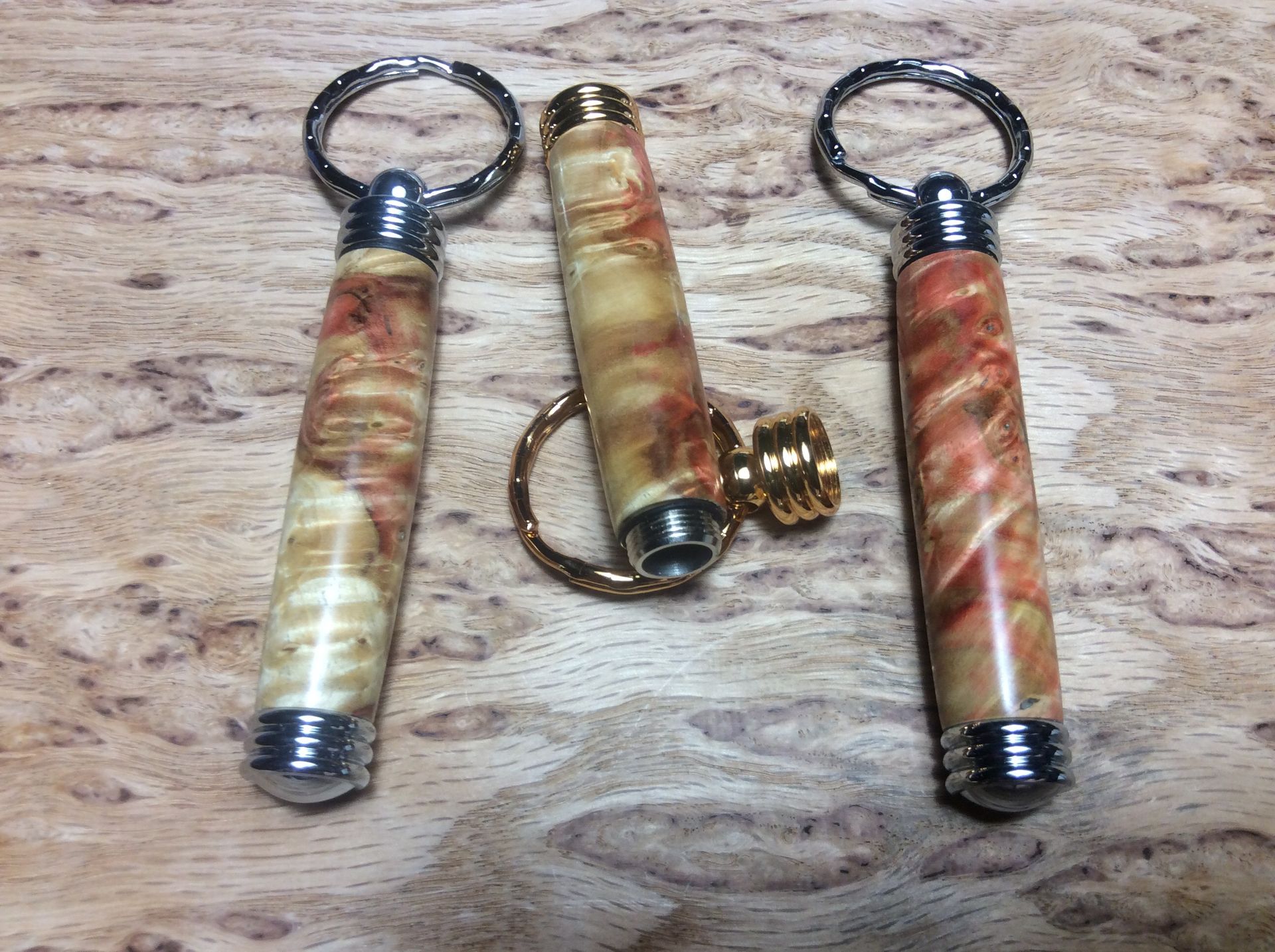 Flaming Box Elder Secret Compartment Keychains 2 