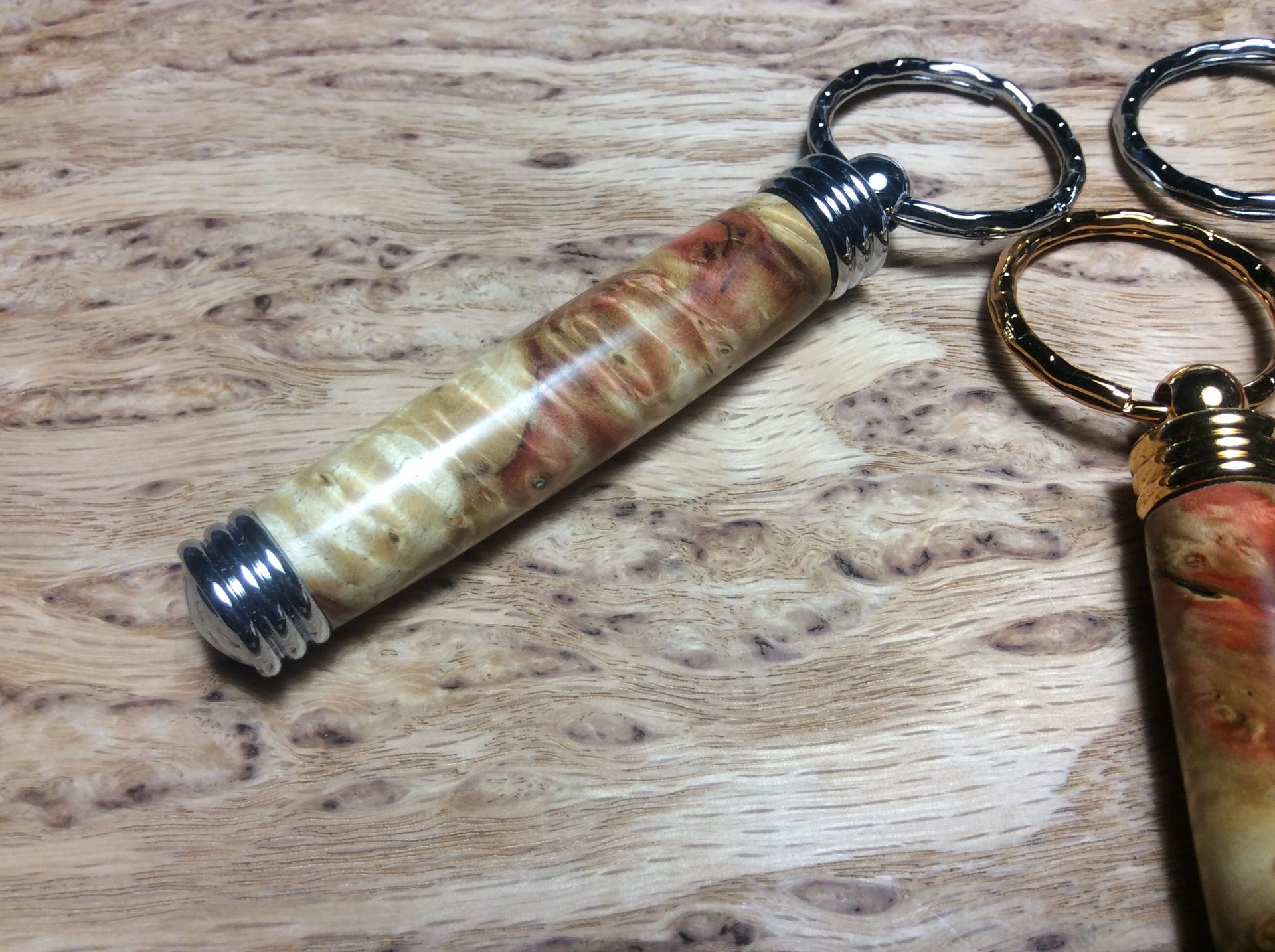 Flaming Box Elder Secret Compartment Keychains 3 