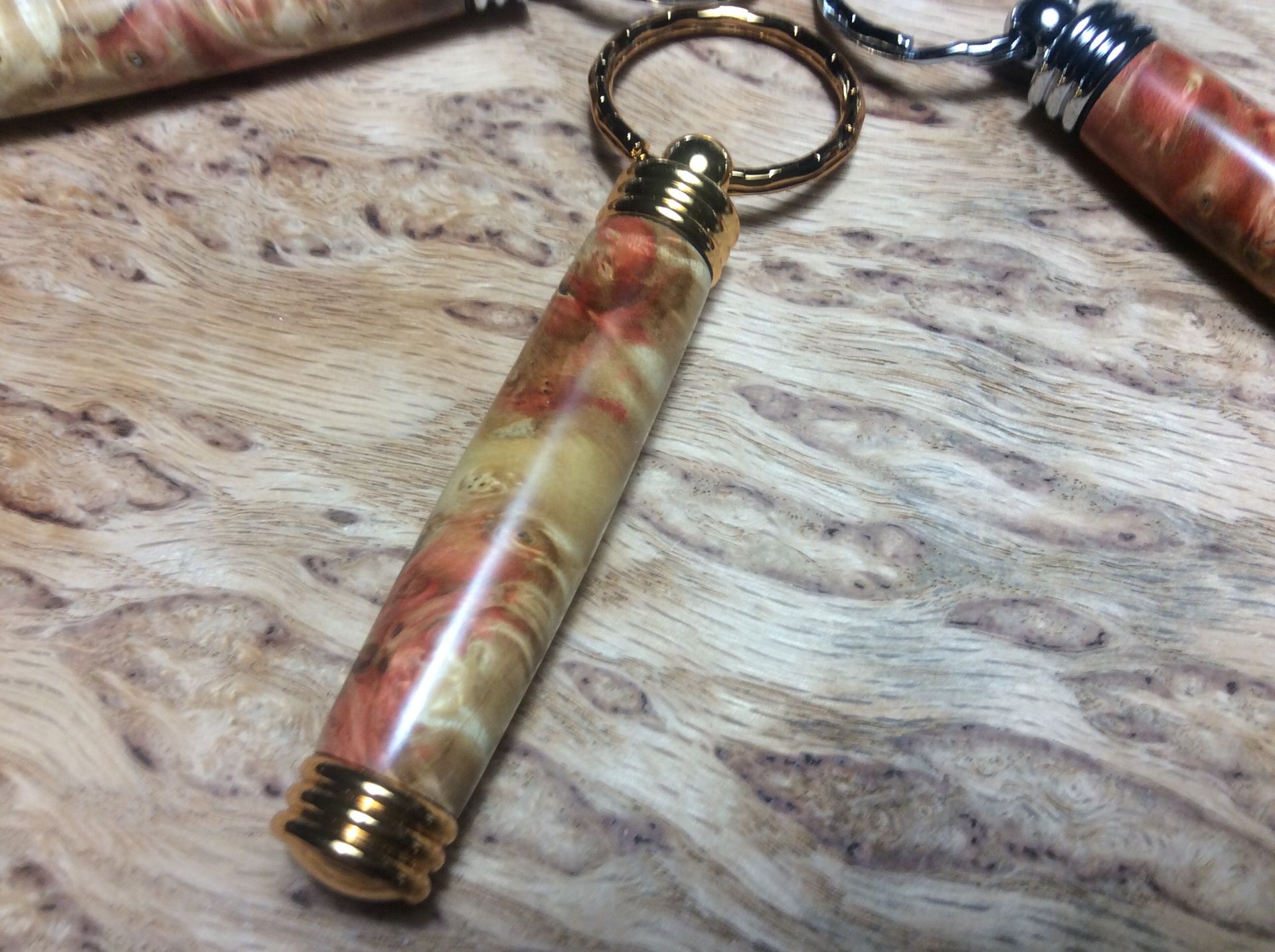 Flaming Box Elder Secret Compartment Keychains 5 