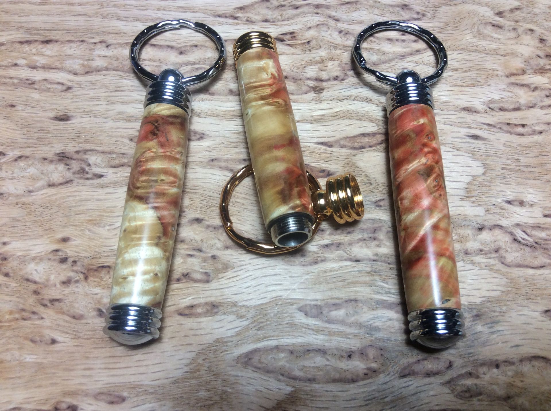 Flaming Box Elder Secret Compartment Keychains 6 