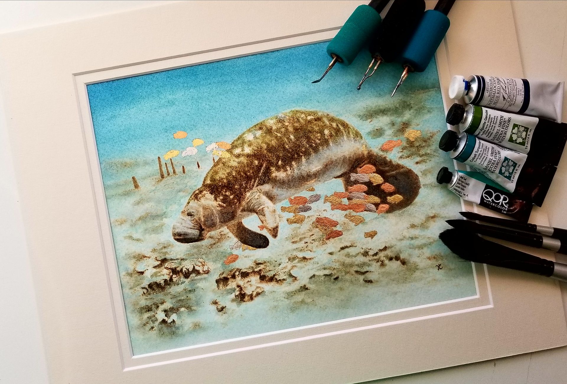 Manatee Pyrography With Watercolors On Paper