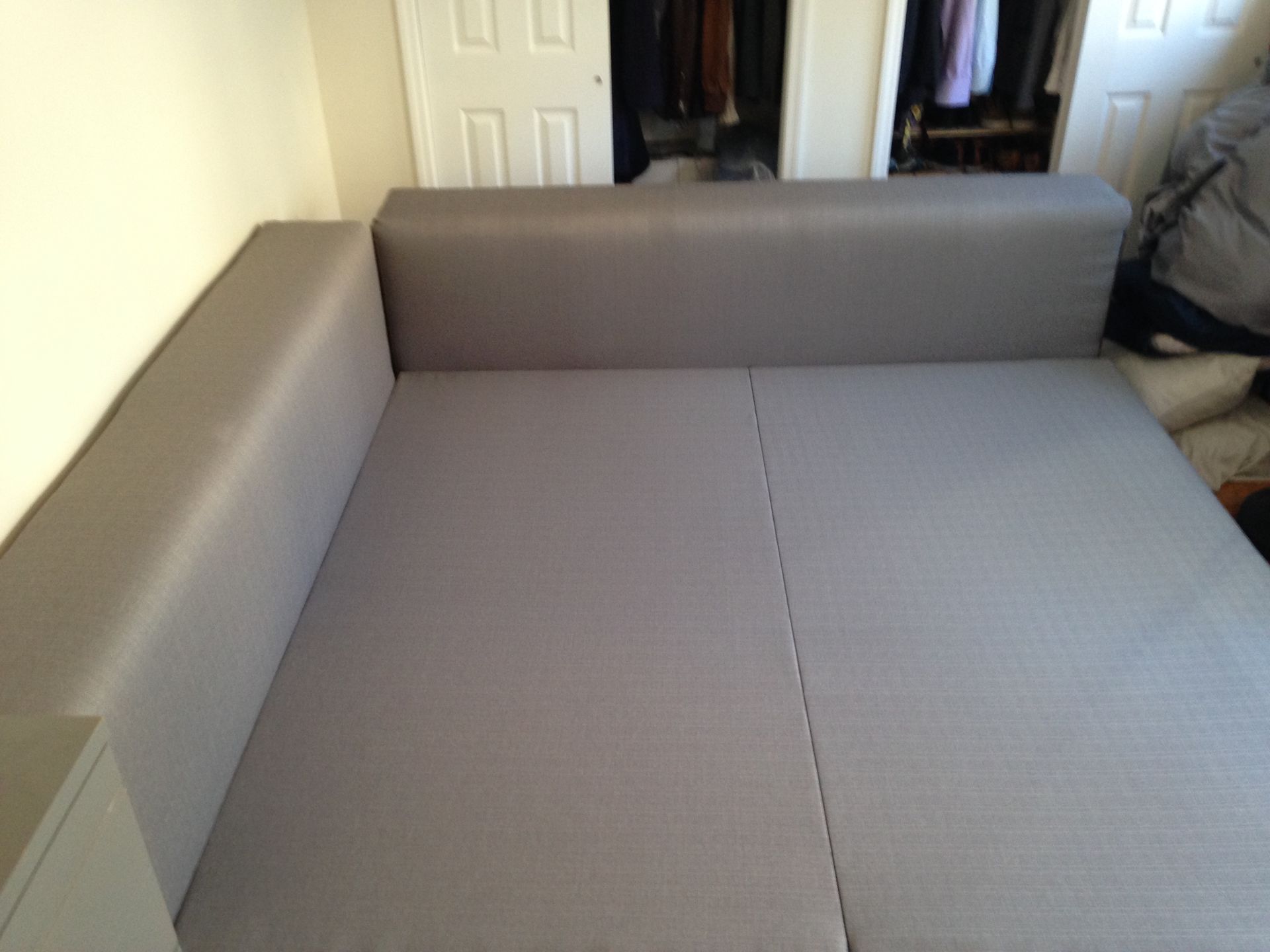 King Size Platform Bed With Solid Walnut End Caps / Headboard / Upholstered 5 