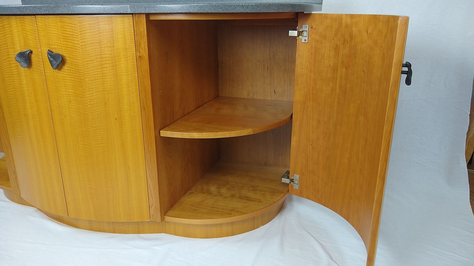 Custom African Anigre Curved Vanity With Solid Surface Sink And Counter Top 2
