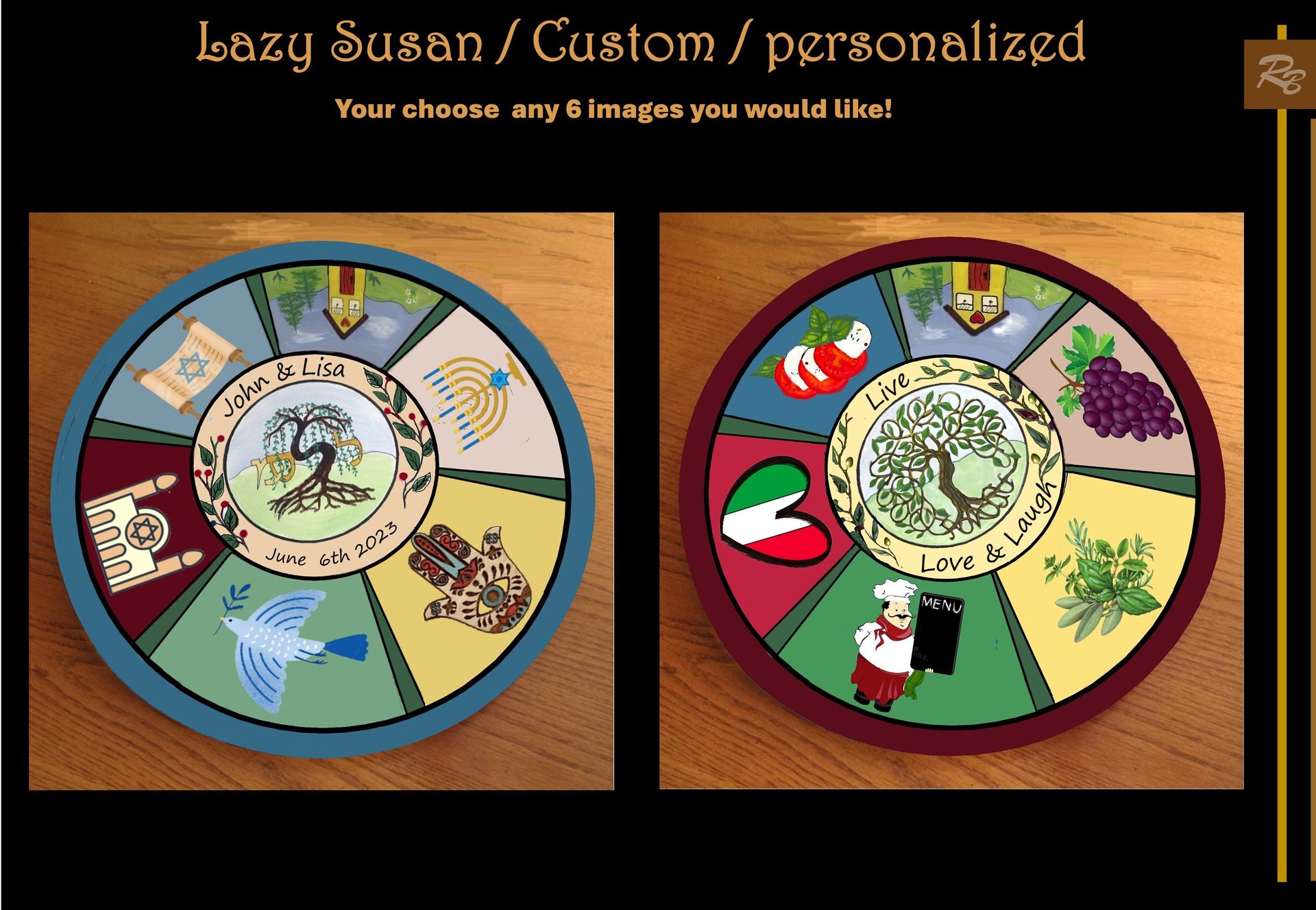 Lazy Susan, personalized, custom, Five year, wood anniversary, gift, wedding gift, couples gift, Painted With Images Of Your Choice 2