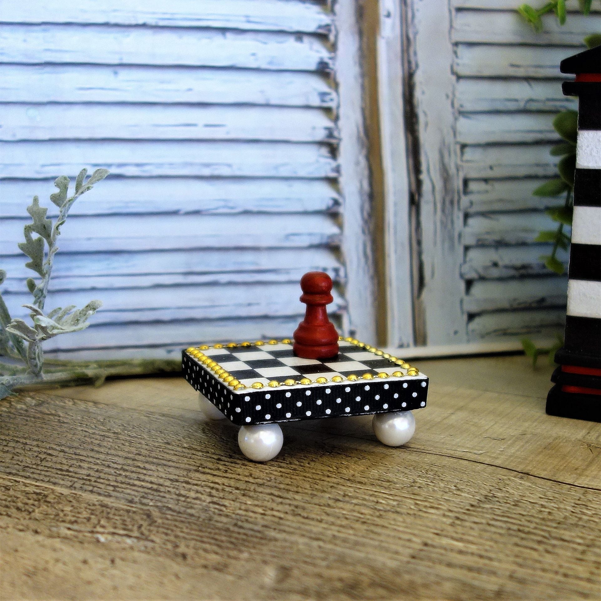 Whimsical Check Mini Riser Checkerboard Tile Chessboard Riser Handpainted Decor 3 