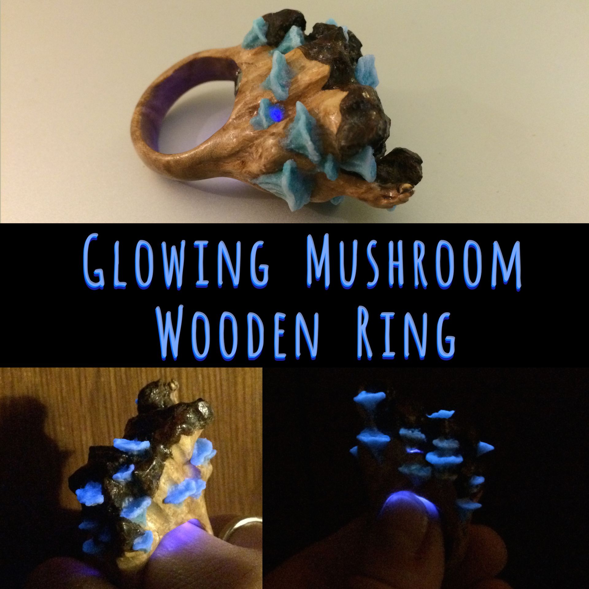Glowing Mushrooms On A Solid Wood Ring