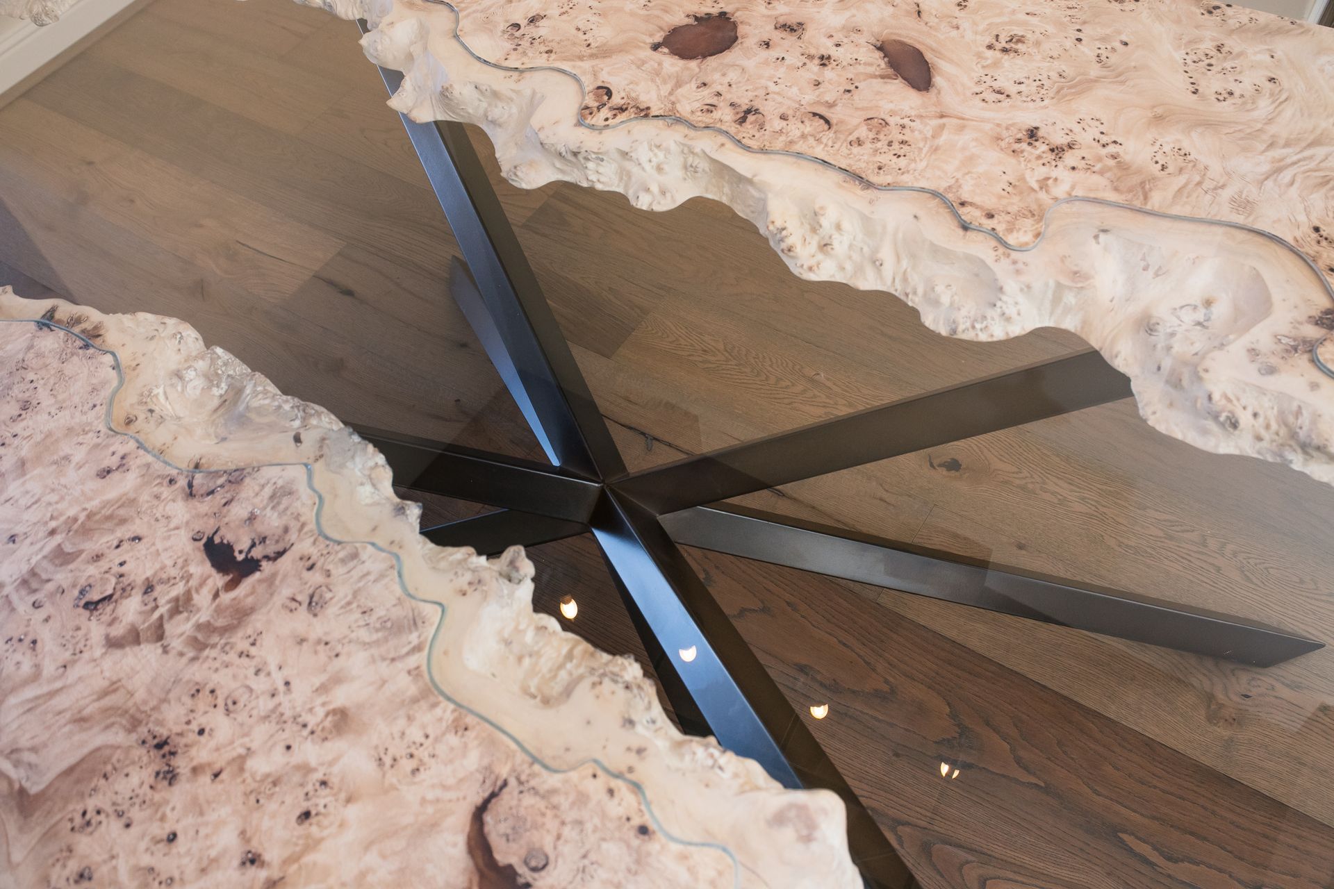 4x9ft French Mappa Burl Live Edge Glass Inlay River Dining Table 5 