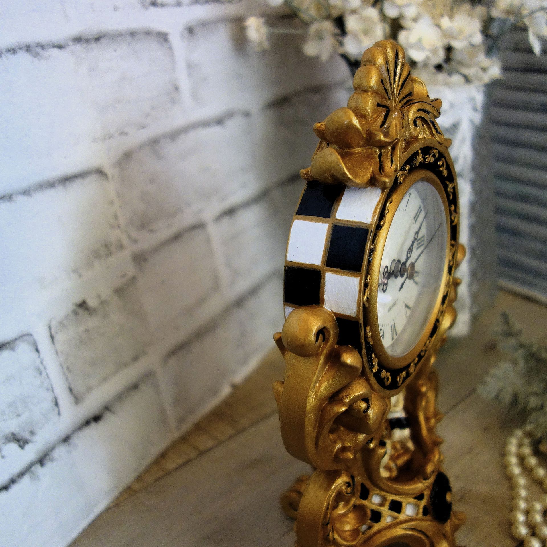 Courtly Mantle Clock Black And White Checked Baroque Clock With Cherubs 3 