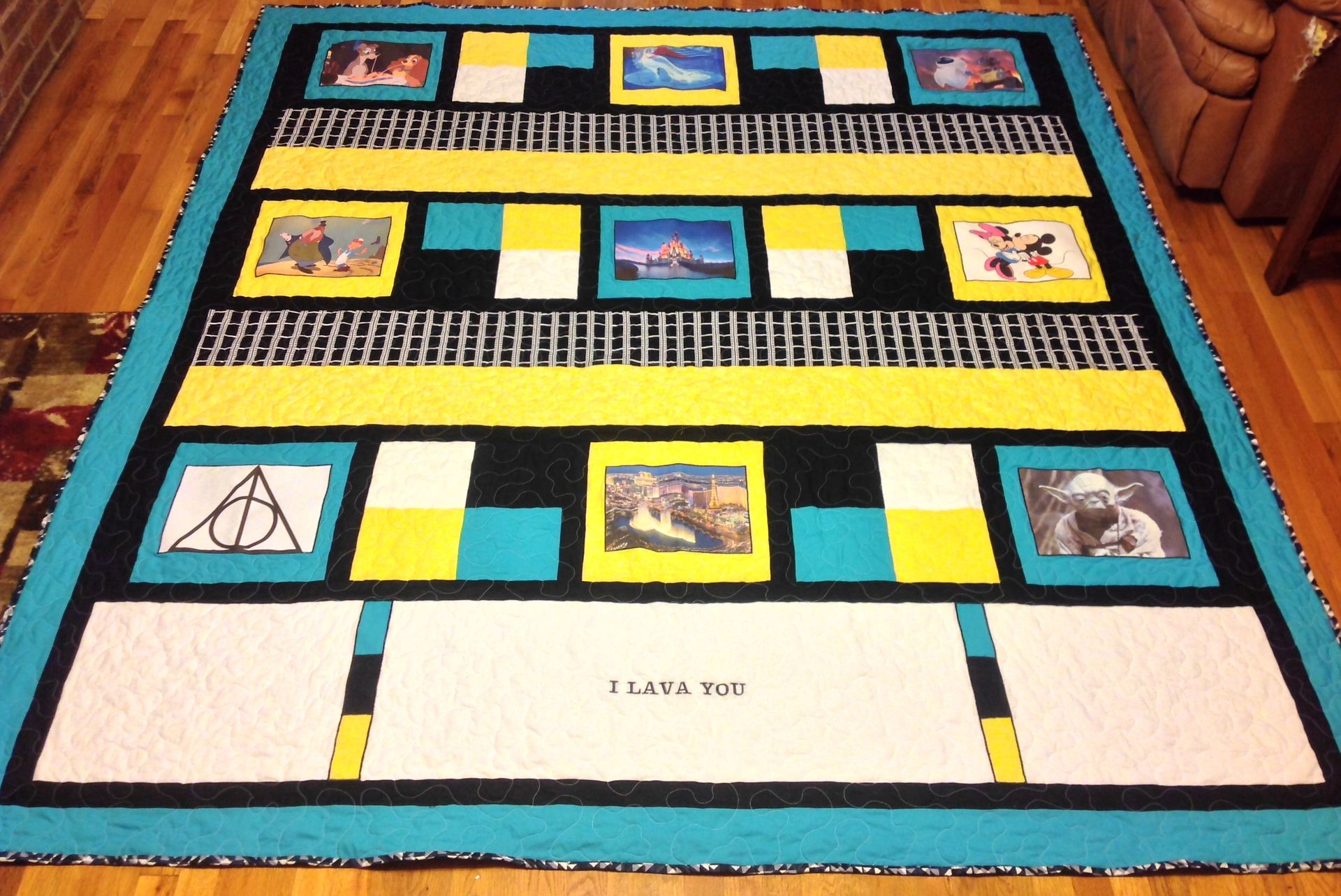 Custom Disney Classic Movie Film Strip Themed Quilt With Applique And Embroidery Work