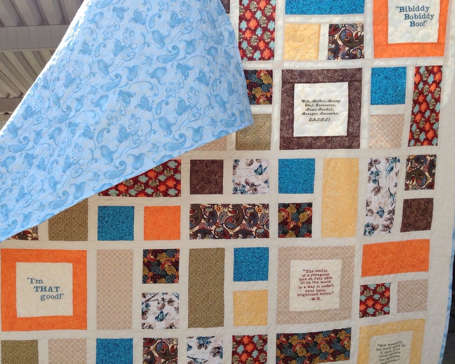 Gorgeous Custom Window Pane Embroidered Memory Quilt 2 